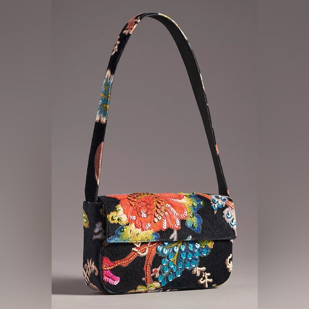Anthropologie Floral Embroidered Crossbody Bag - Black and Multicolor
